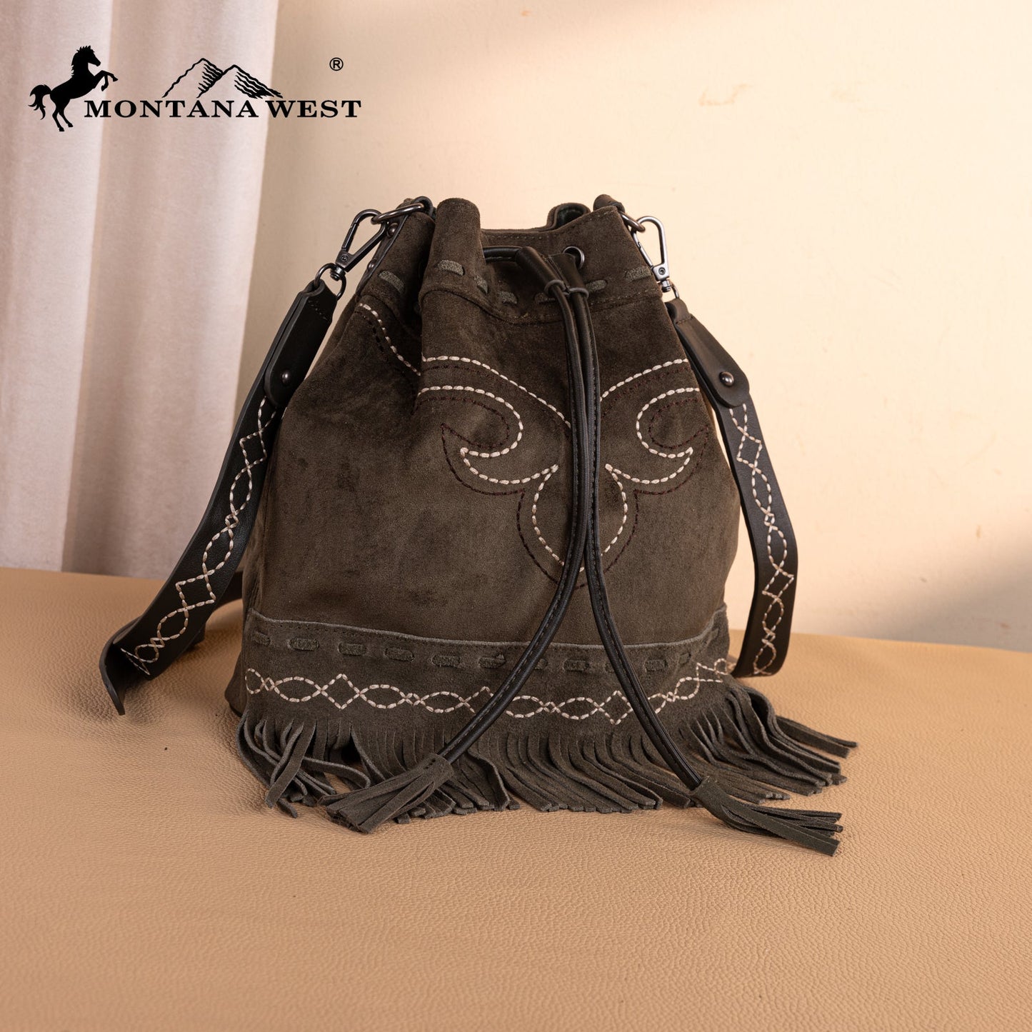 MW1341-8311 Montana West Boot Stitch Fringe Drawstring Crossbody Bag