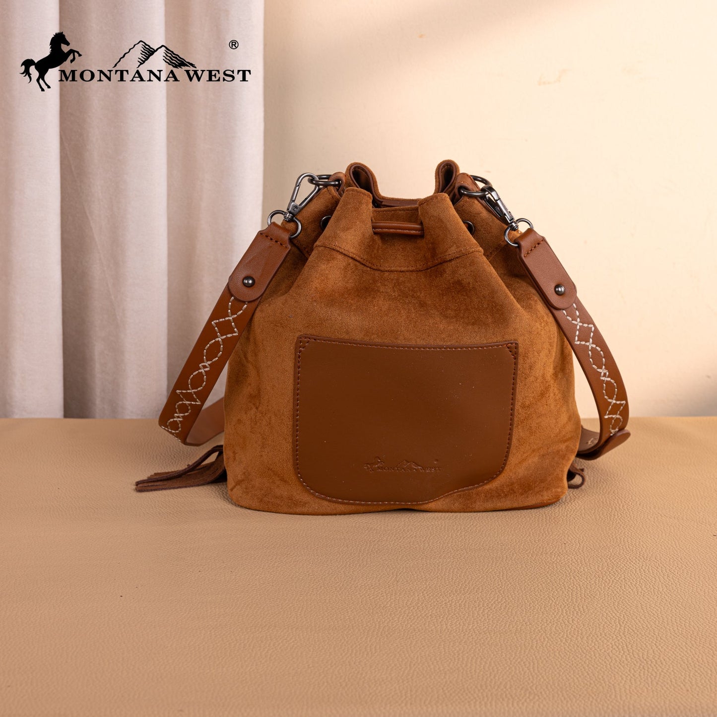 MW1341-8311 Montana West Boot Stitch Fringe Drawstring Crossbody Bag