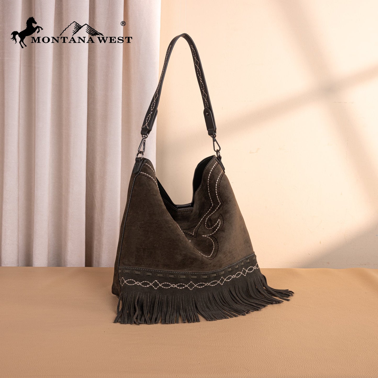 MW1341-918  Montana West Boot Stitch Fringe Hobo Bag