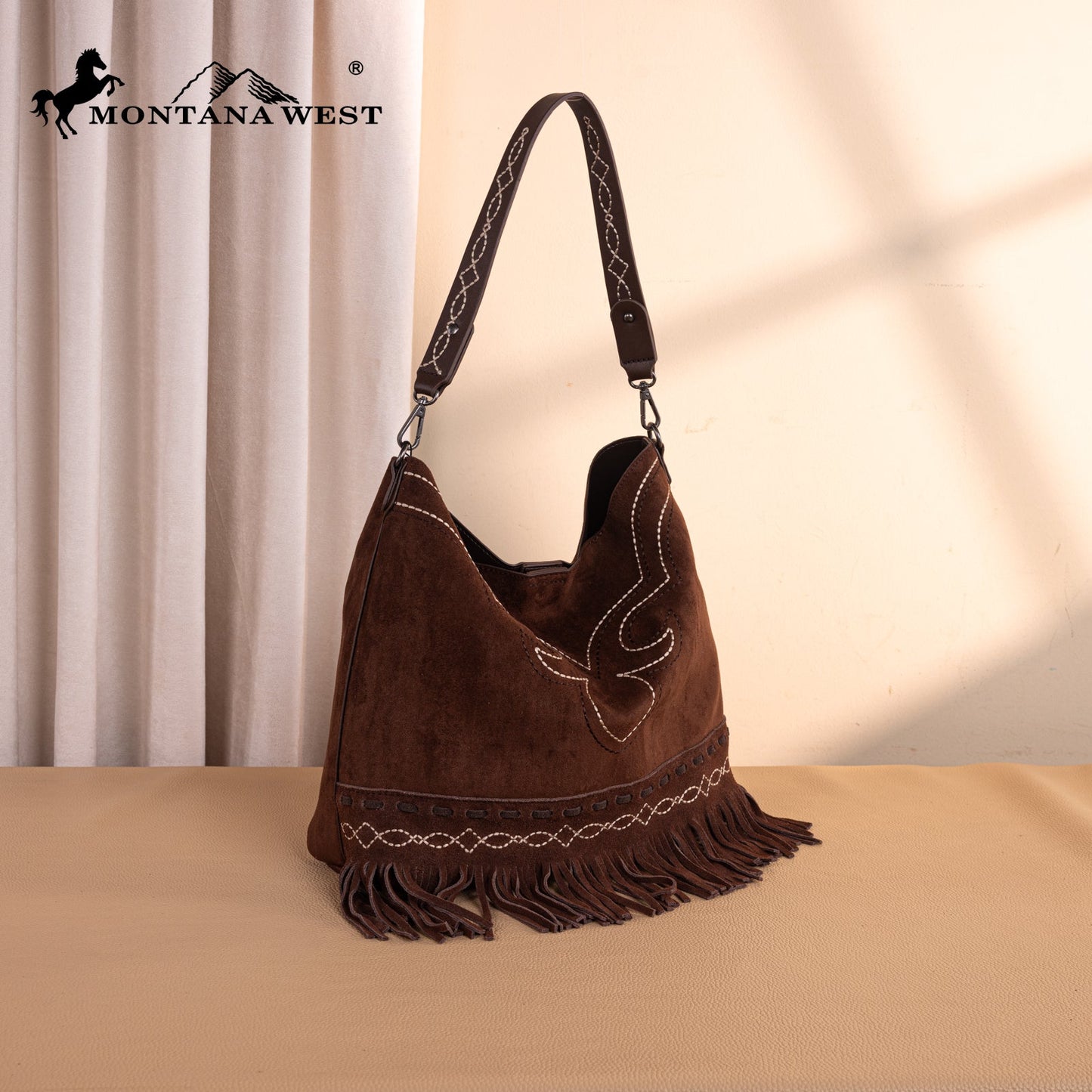MW1341-918  Montana West Boot Stitch Fringe Hobo Bag