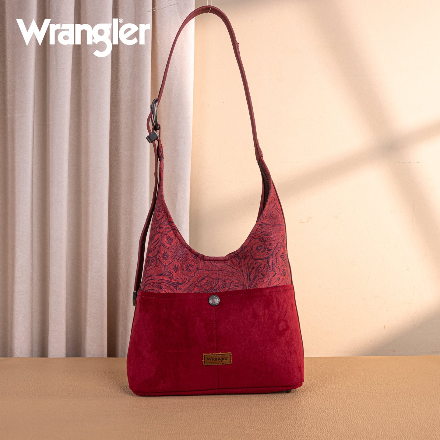 WG277-9182BDY  Wrangler Vintage Floral Printed Hobo Bag-Burgundy
