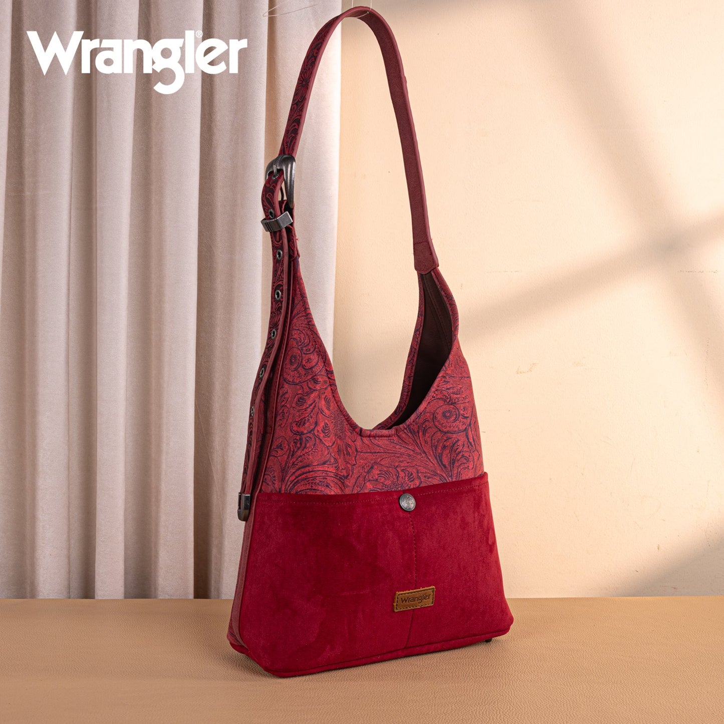 WG277-9182BDY  Wrangler Vintage Floral Printed Hobo Bag-Burgundy