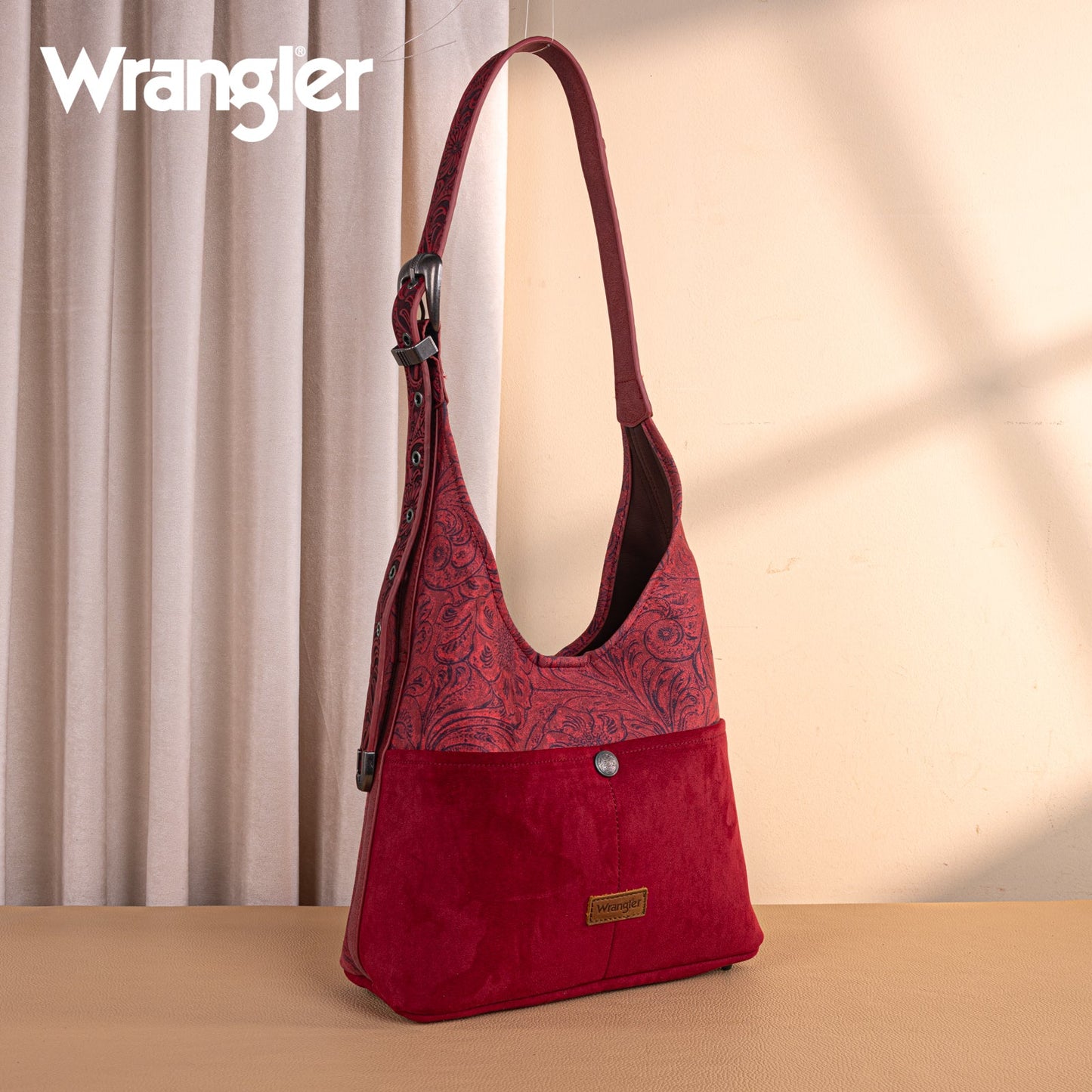 WG277-9182BDY  Wrangler Vintage Floral Printed Hobo Bag-Burgundy