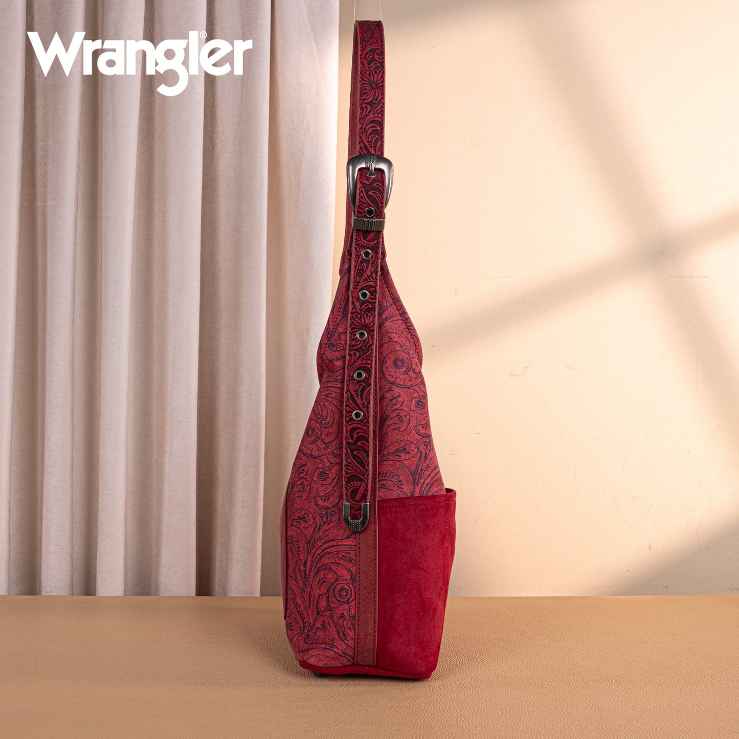 WG277-9182BDY  Wrangler Vintage Floral Printed Hobo Bag-Burgundy