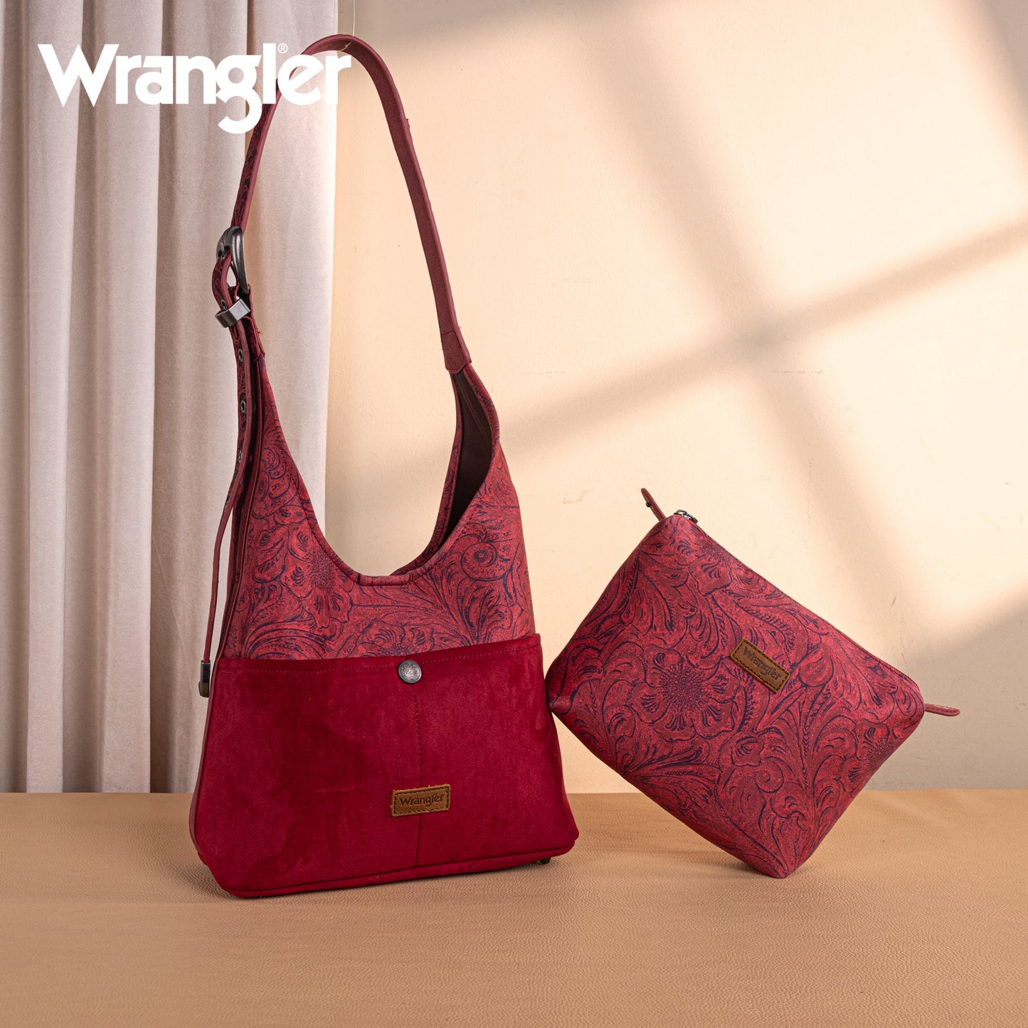 WG277-9182BDY  Wrangler Vintage Floral Printed Hobo Bag-Burgundy