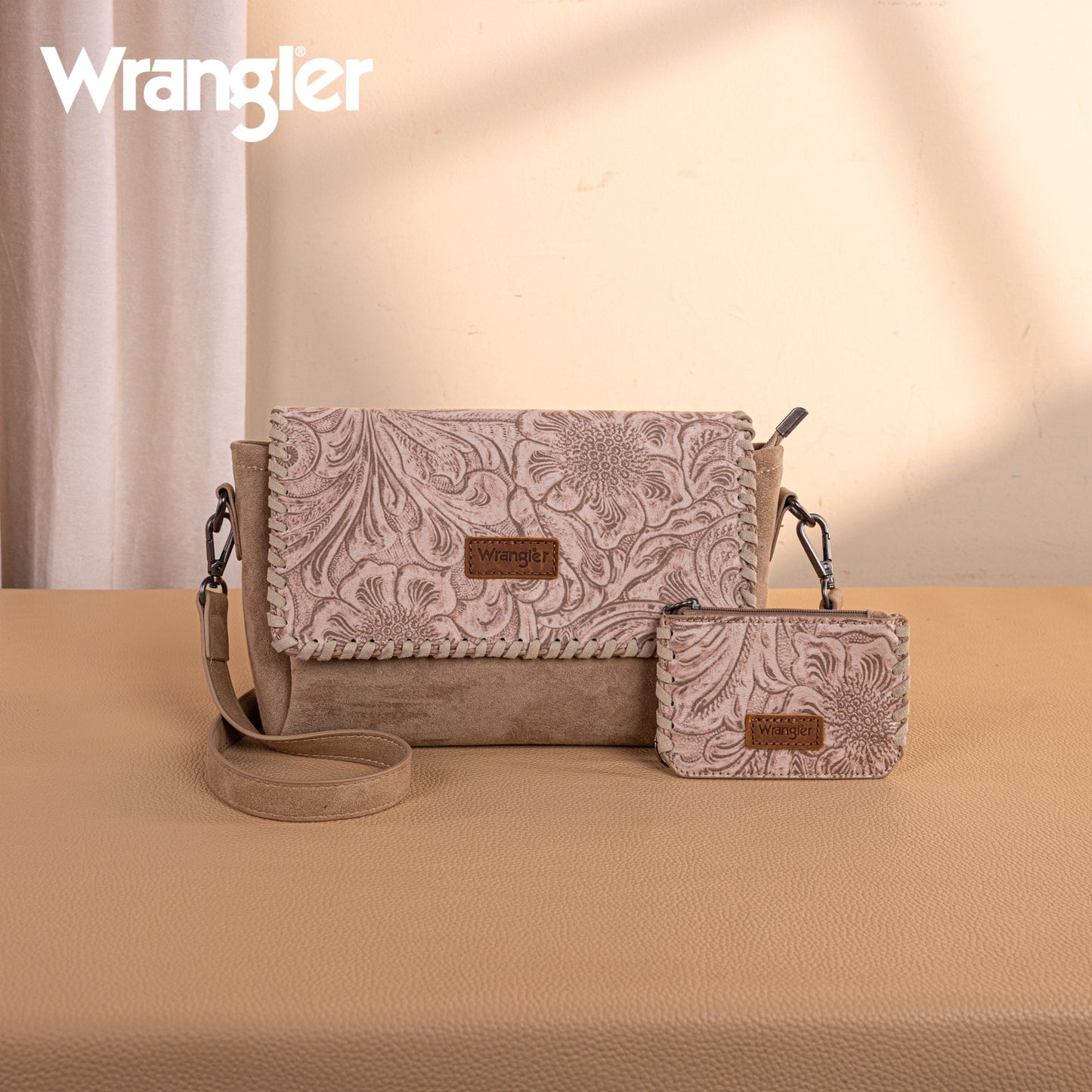 WG277-236KH   Wrangler Vintage Floral Printed Crossbody Bag with Small Pouch- Khaki