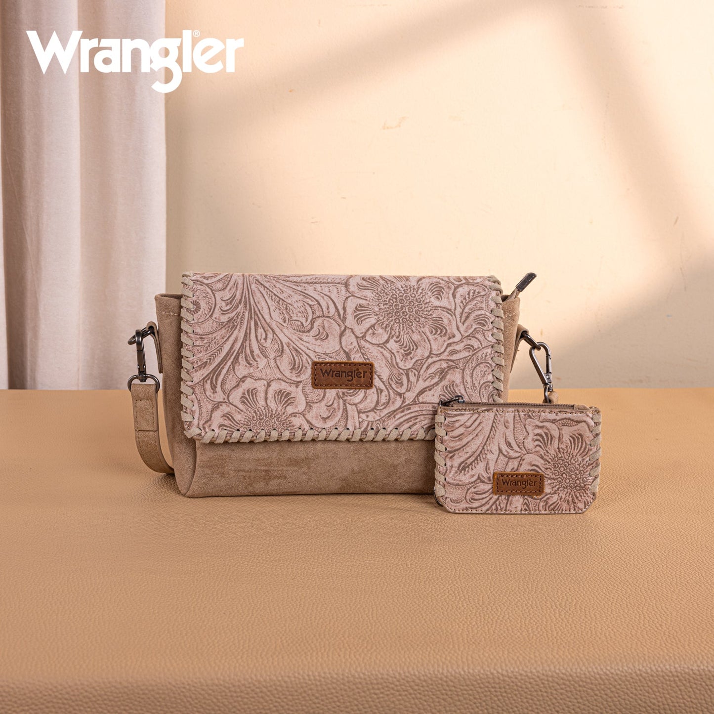 WG277-236KH   Wrangler Vintage Floral Printed Crossbody Bag with Small Pouch- Khaki