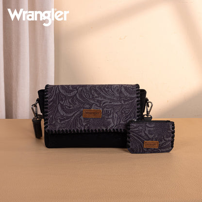 WG277-236BK   Wrangler Vintage Floral Printed Crossbody Bag with Small Pouch- Black