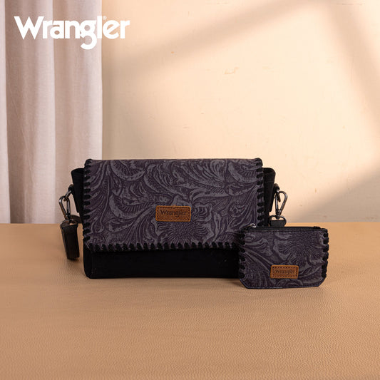 WG277-236BK   Wrangler Vintage Floral Printed Crossbody Bag with Small Pouch- Black