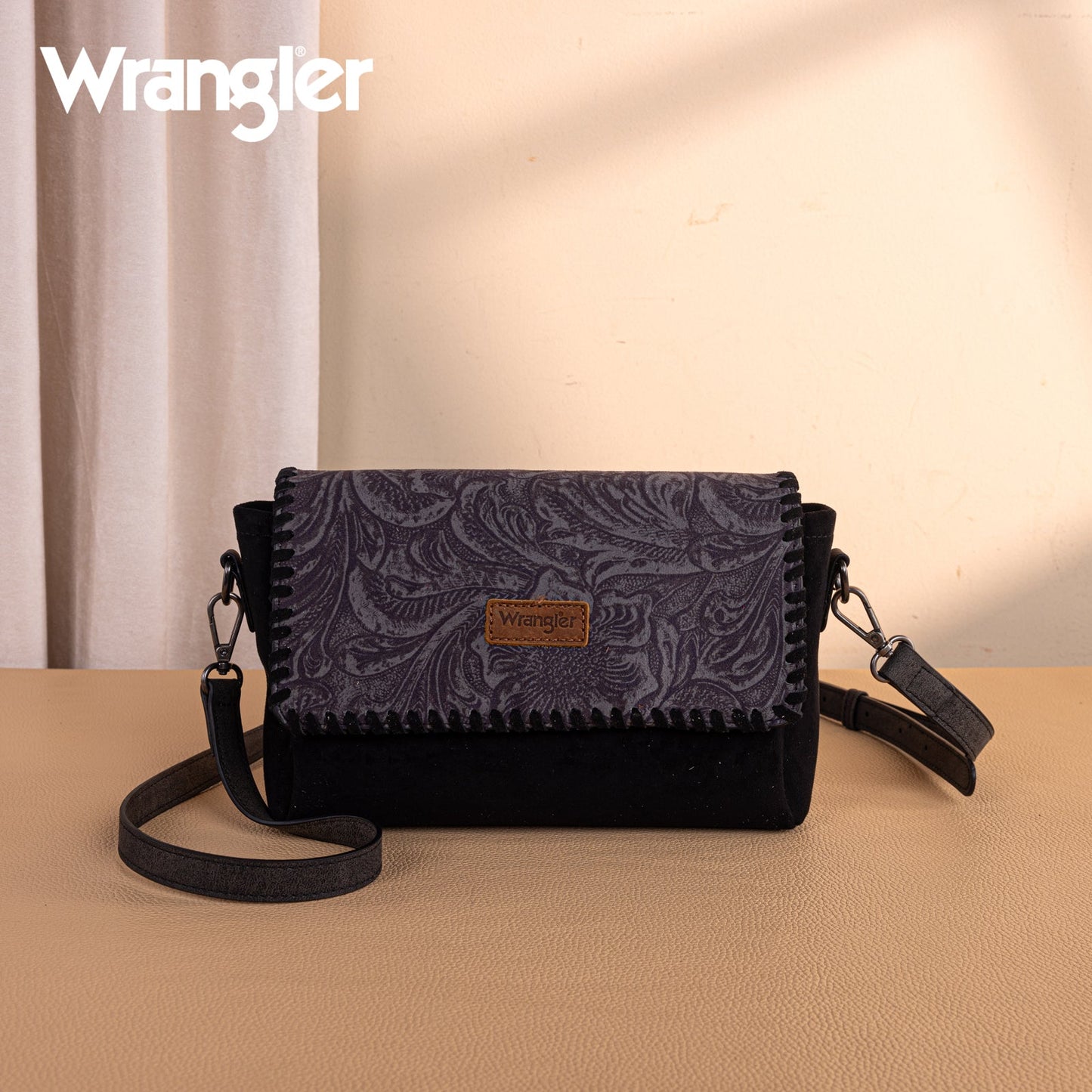 WG277-236BK   Wrangler Vintage Floral Printed Crossbody Bag with Small Pouch- Black
