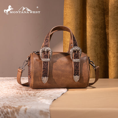 MW1338-8802 Montana West Western Tooled Buckle Collection Mini Barrel Crossbody Bag  -Light Coffee