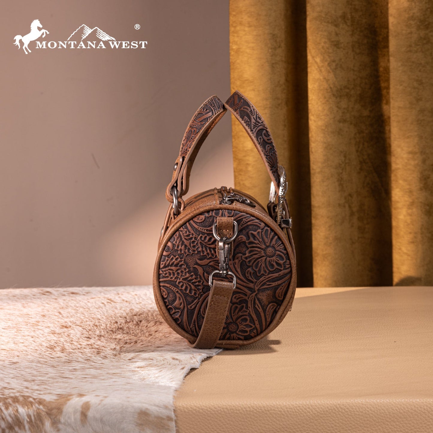 MW1338-8802 Montana West Western Tooled Buckle Collection Mini Barrel Crossbody Bag  -Light Coffee