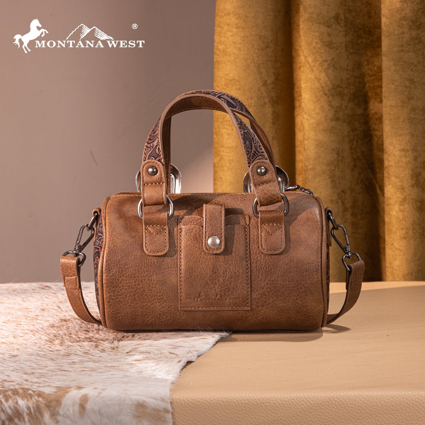 MW1338-8802 Montana West Western Tooled Buckle Collection Mini Barrel Crossbody Bag  -Light Coffee