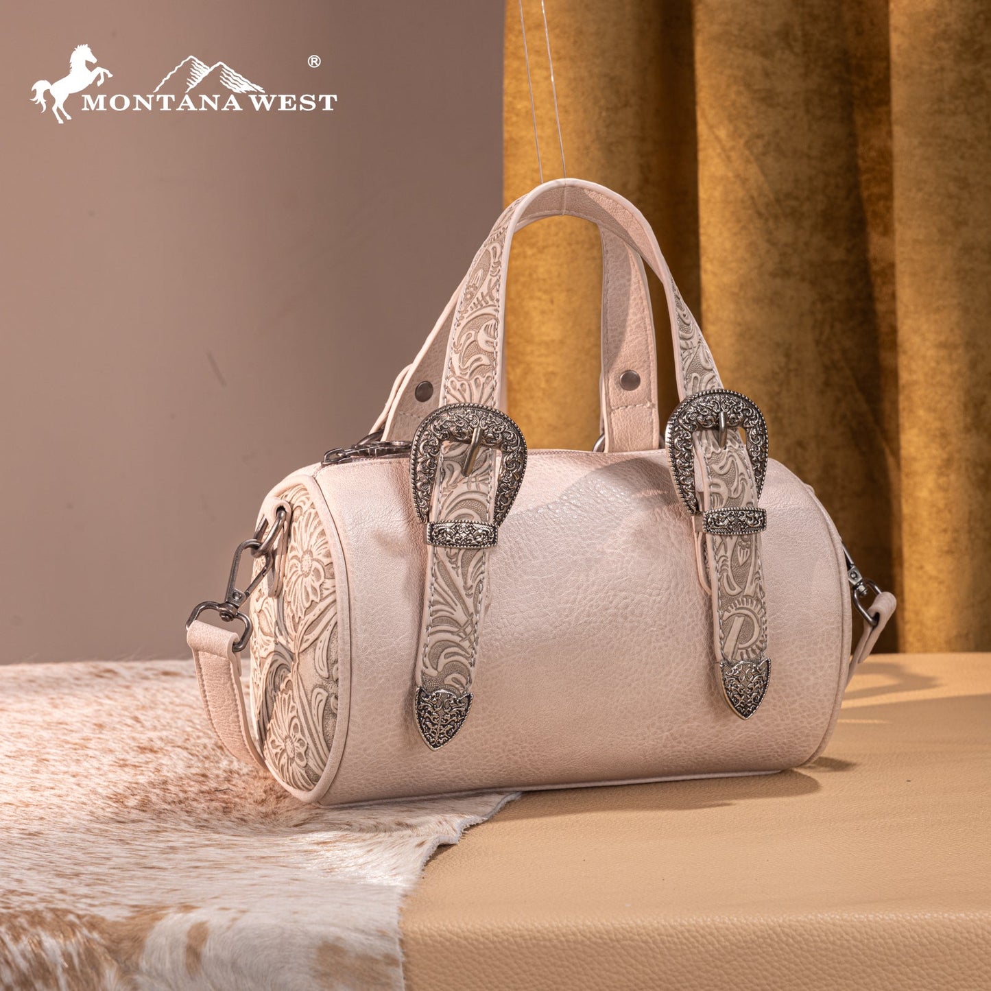 MW1338-8802 Montana West Western Tooled Buckle Collection Mini Barrel Crossbody Bag  -Beige
