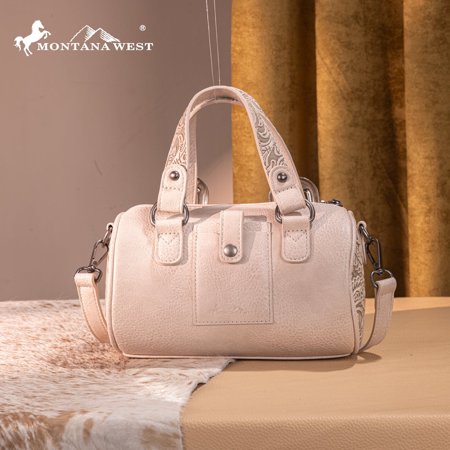MW1338-8802 Montana West Western Tooled Buckle Collection Mini Barrel Crossbody Bag  -Beige