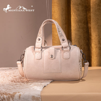 MW1338-8802 Montana West Western Tooled Buckle Collection Mini Barrel Crossbody Bag  -Beige