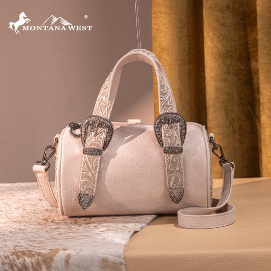 MW1338-8802 Montana West Western Tooled Buckle Collection Mini Barrel Crossbody Bag  -Beige