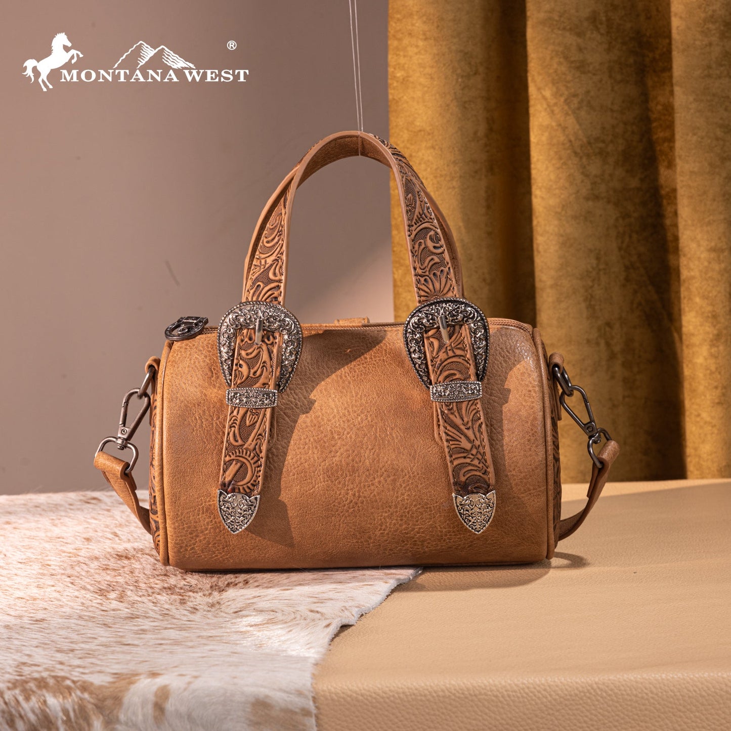 MW1338-8802 Montana West Western Tooled Buckle Collection Mini Barrel Crossbody Bag  -Light Brown