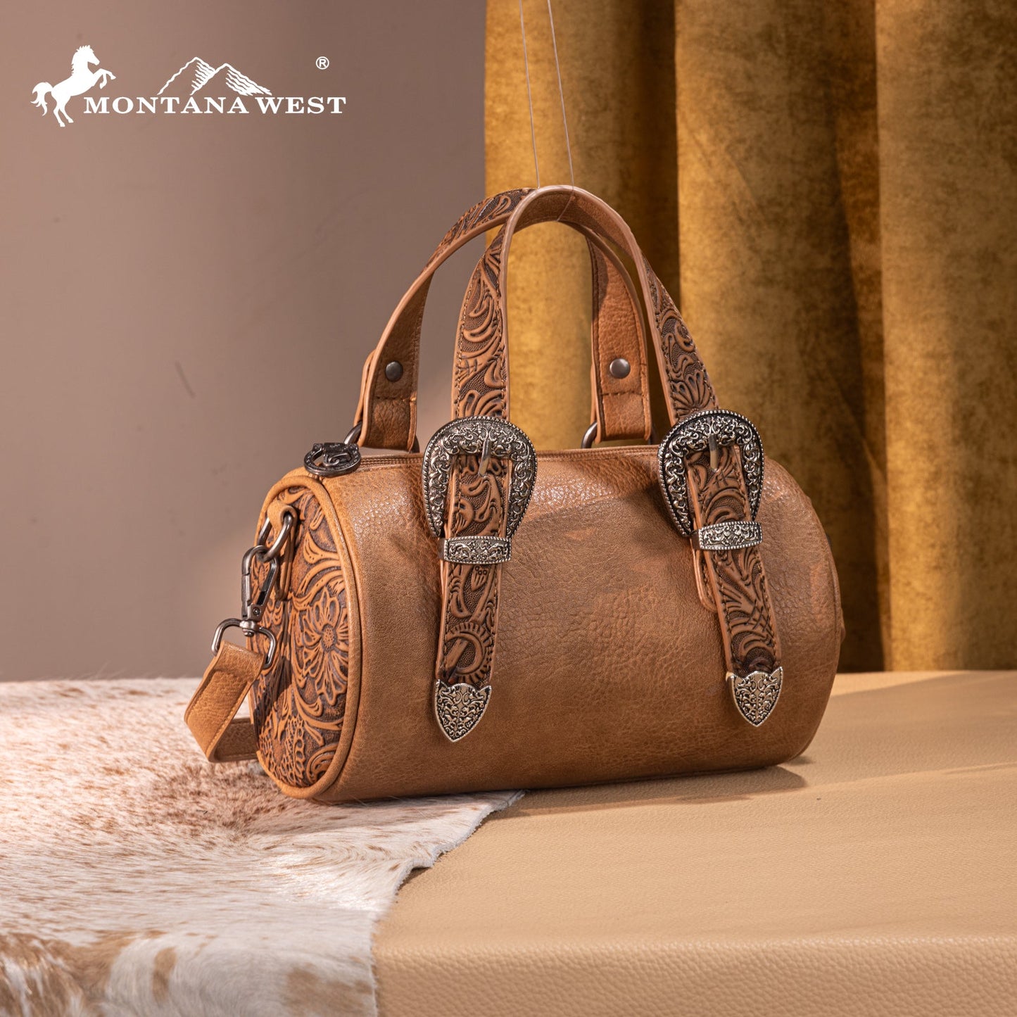 MW1338-8802 Montana West Western Tooled Buckle Collection Mini Barrel Crossbody Bag  -Light Brown