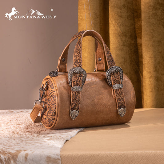 MW1338-8802 Montana West Western Tooled Buckle Collection Mini Barrel Crossbody Bag  -Light Brown