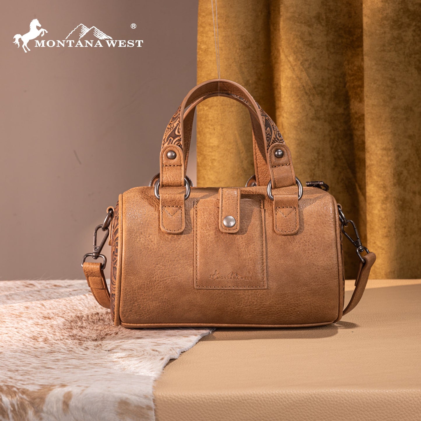 MW1338-8802 Montana West Western Tooled Buckle Collection Mini Barrel Crossbody Bag  -Light Brown