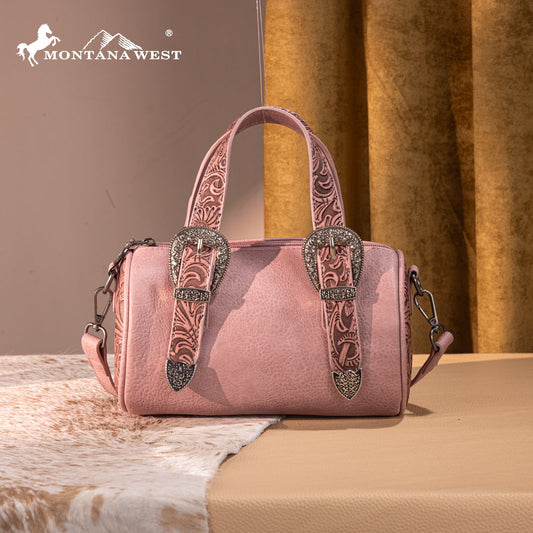 MW1338-8802 Montana West Western Tooled Buckle Collection Mini Barrel Crossbody Bag  -Dark Pink