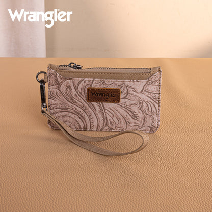 WG227-W075  Wrangler Vintage Floral Velvet Printed  Mini Zip card Case Wristlet - Khaki