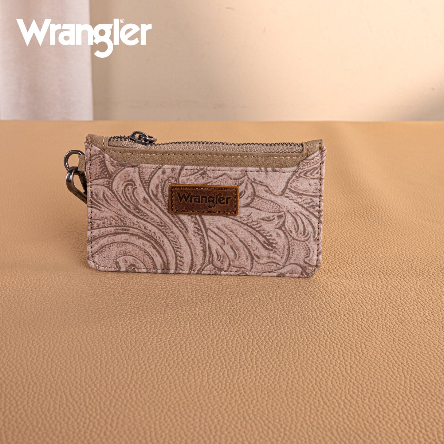 WG227-W075  Wrangler Vintage Floral Velvet Printed  Mini Zip card Case Wristlet - Khaki