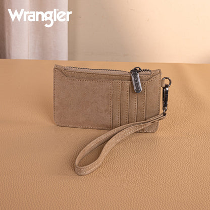 WG227-W075  Wrangler Vintage Floral Velvet Printed  Mini Zip card Case Wristlet - Khaki