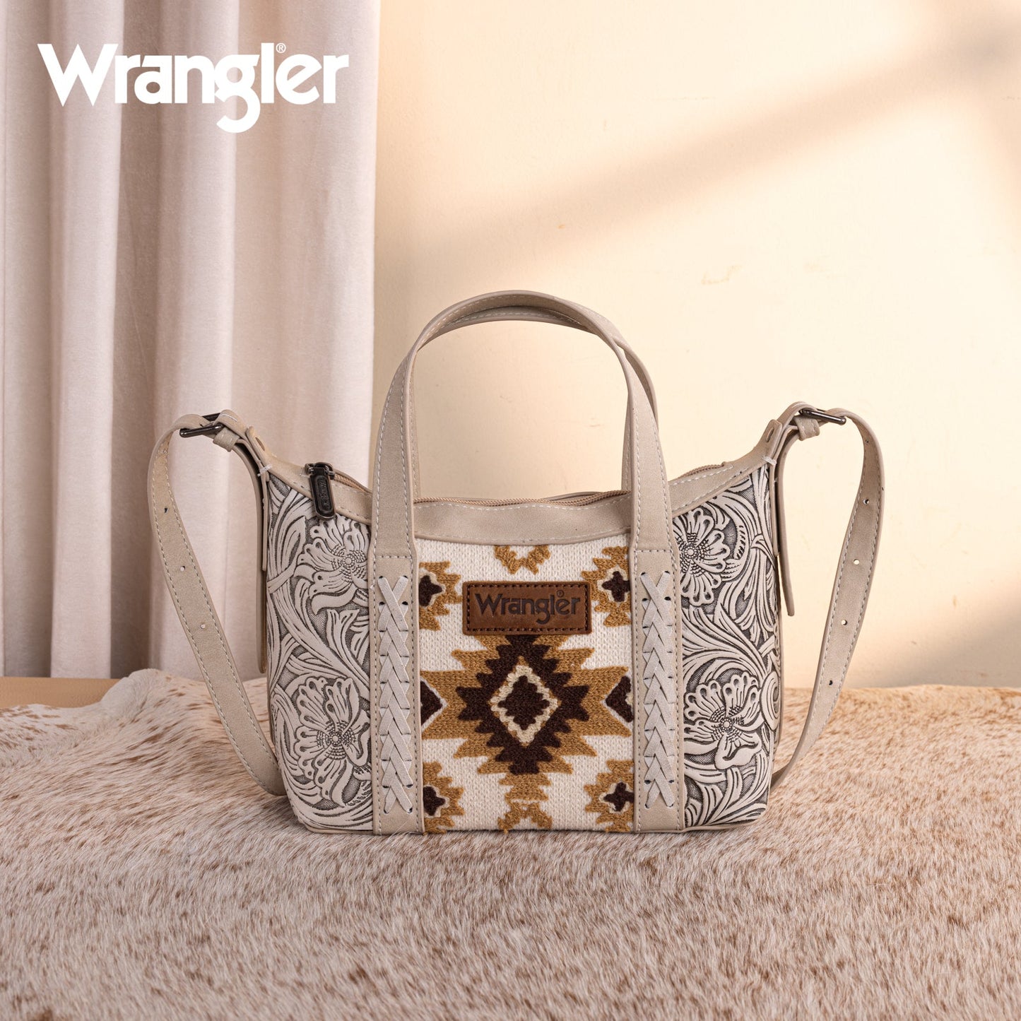 WG226-8605  Wrangler Tooled Aztec Pattern Print Tote/Crossbody -Beige