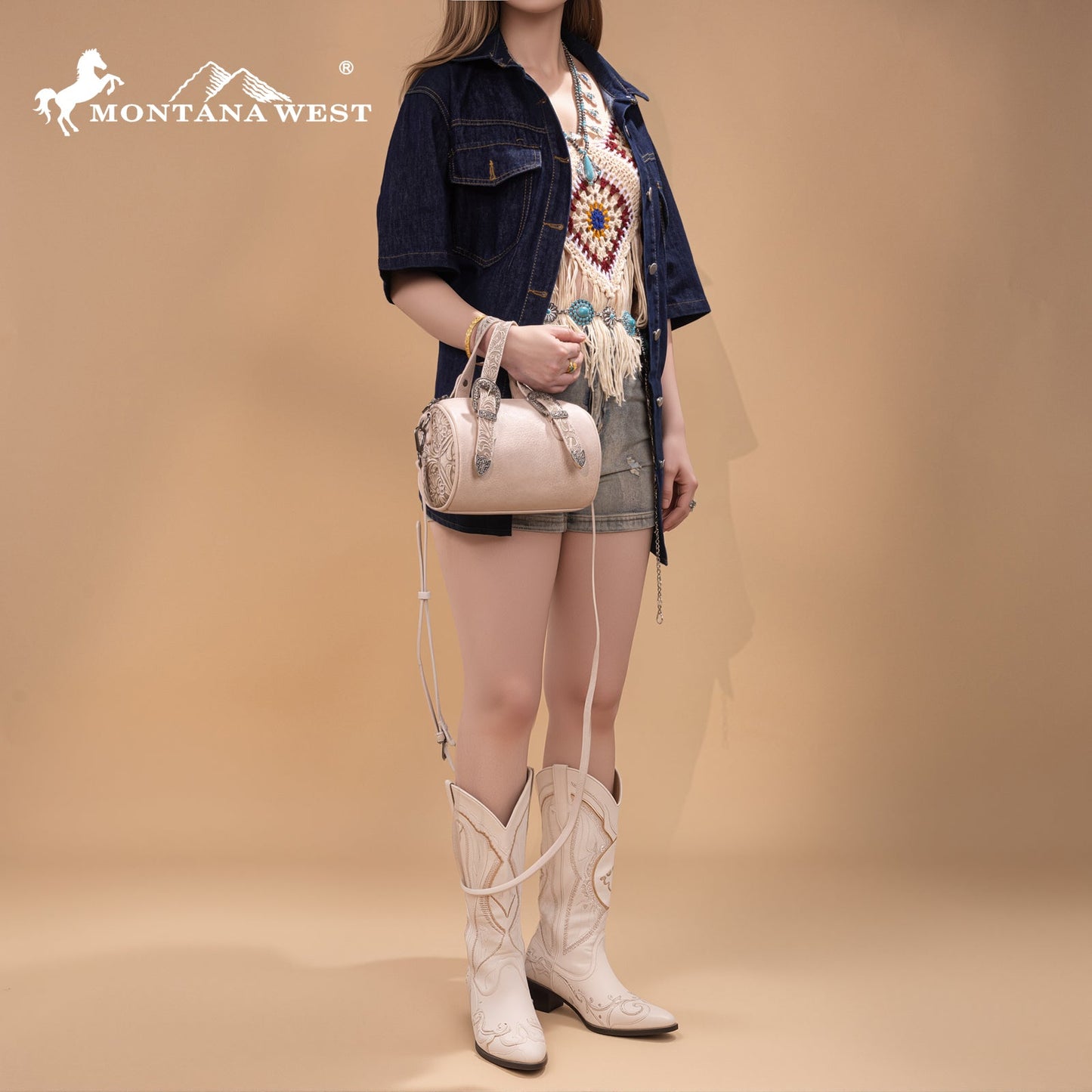 MW1338-8802 Montana West Western Tooled Buckle Collection Mini Barrel Crossbody Bag  -Beige
