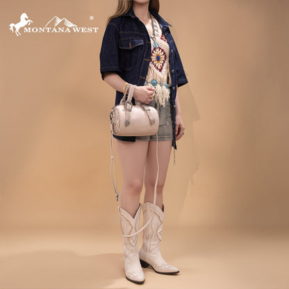 MW1338-8802 Montana West Western Tooled Buckle Collection Mini Barrel Crossbody Bag  -Beige