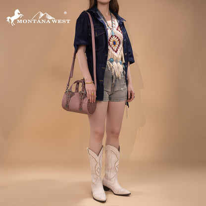 MW1338-8802 Montana West Western Tooled Buckle Collection Mini Barrel Crossbody Bag  -Dark Pink