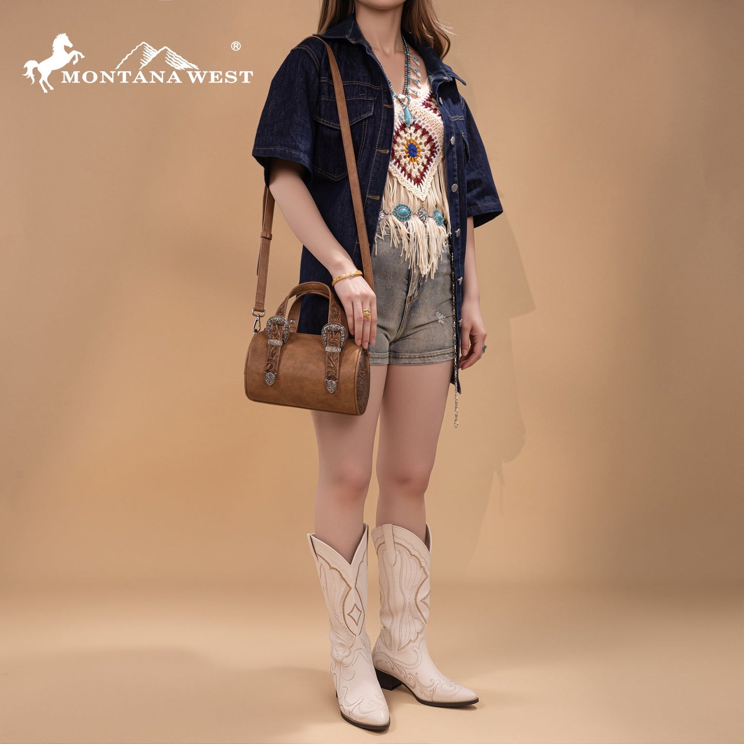 MW1338-8802 Montana West Western Tooled Buckle Collection Mini Barrel Crossbody Bag  -Light Brown