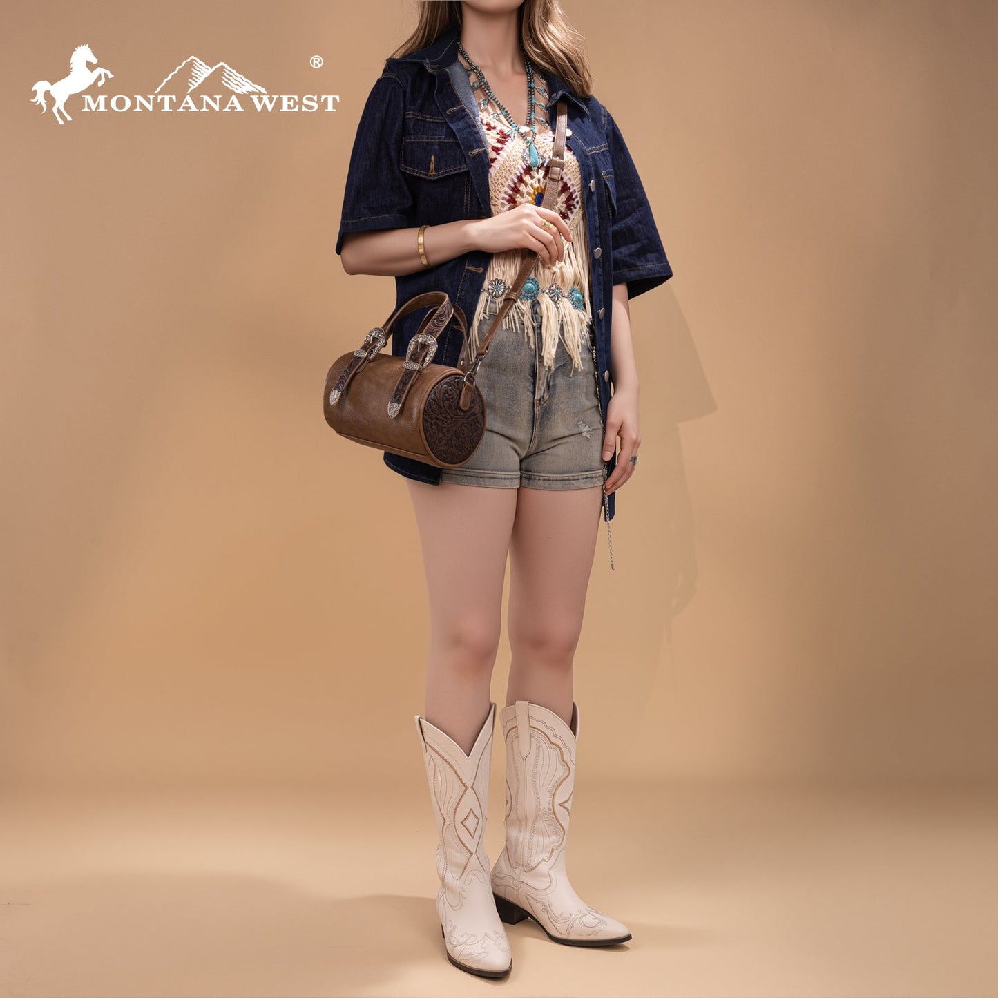 MW1338-8802 Montana West Western Tooled Buckle Collection Mini Barrel Crossbody Bag  -Light Coffee