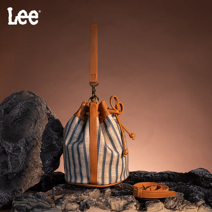 LEE61-002  LEE Striped Canvas Drawstring Hobo Bucket Bag/Crossbody