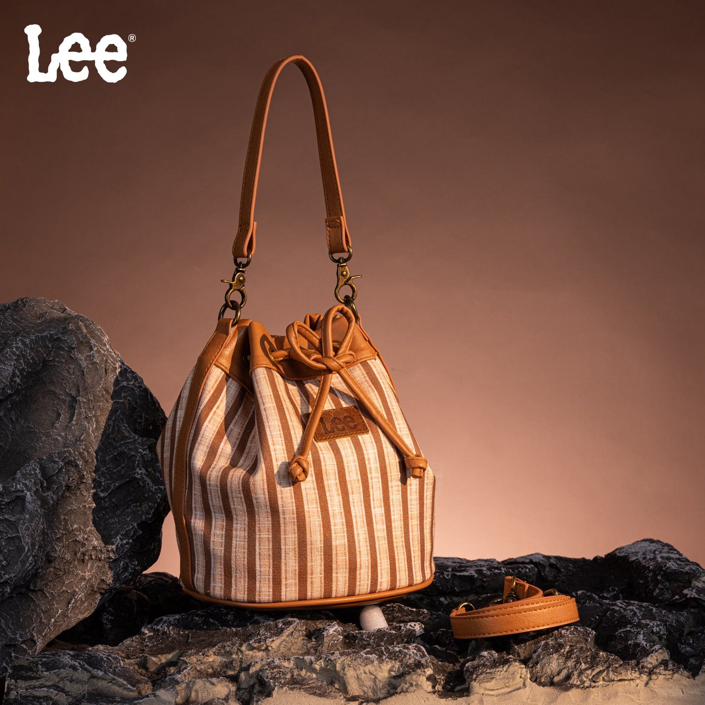 LEE61-002  LEE Striped Canvas Drawstring Hobo Bucket Bag/Crossbody