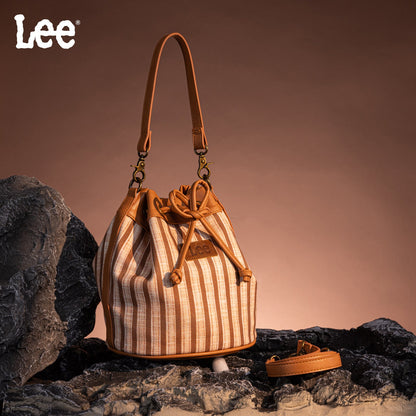 LEE61-002  LEE Striped Canvas Drawstring Hobo Bucket Bag/Crossbody
