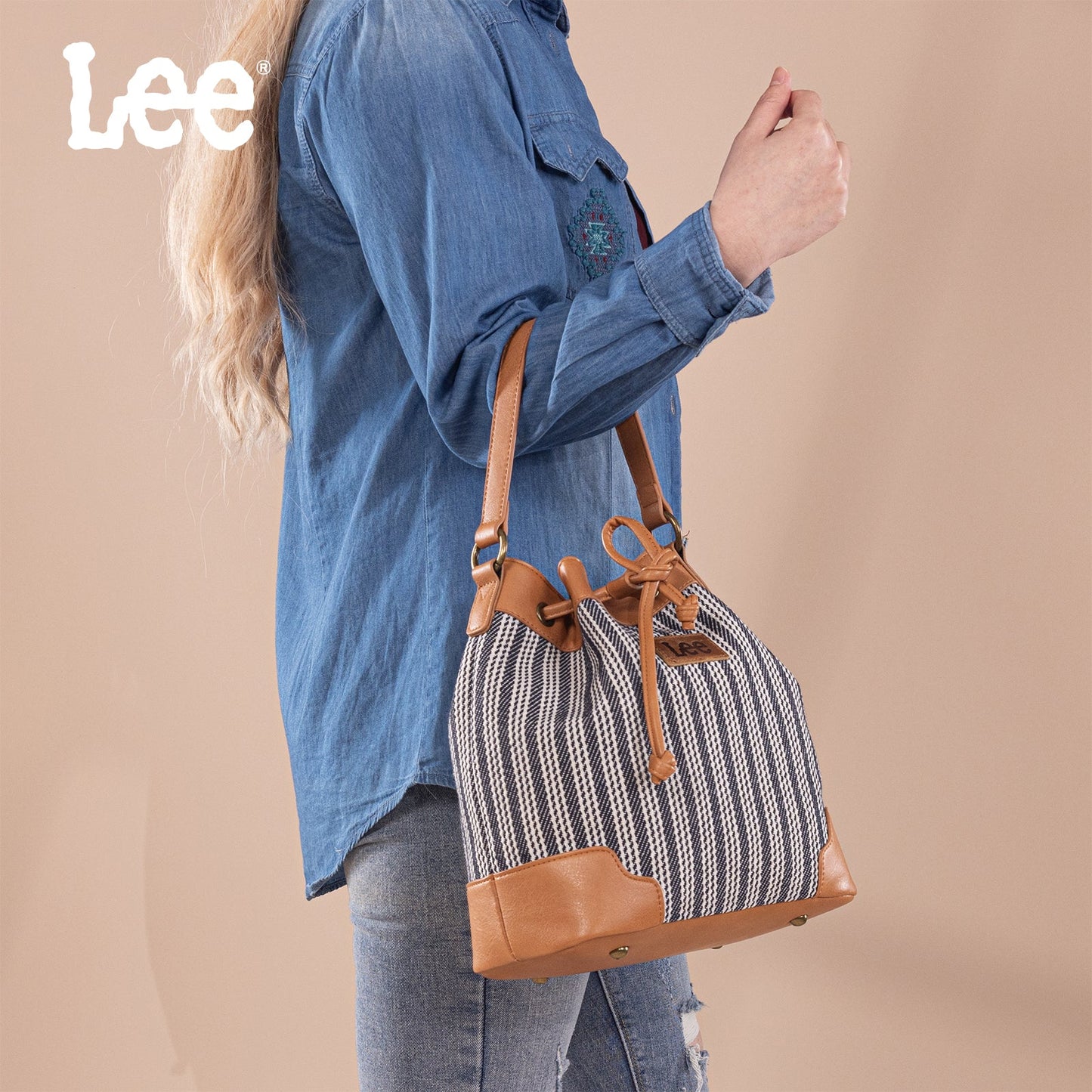LEE55-006    LEE Stripe Collection Drawstring Bucket Crossbody Bag