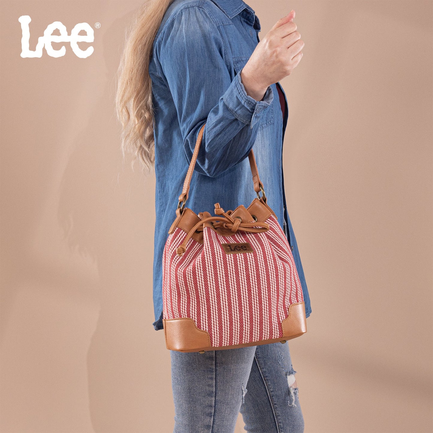 LEE55-006    LEE Stripe Collection Drawstring Bucket Crossbody Bag