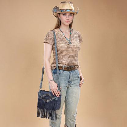TR196-8287  Trinity Ranch Aztec Tooled Fringe Crossbody