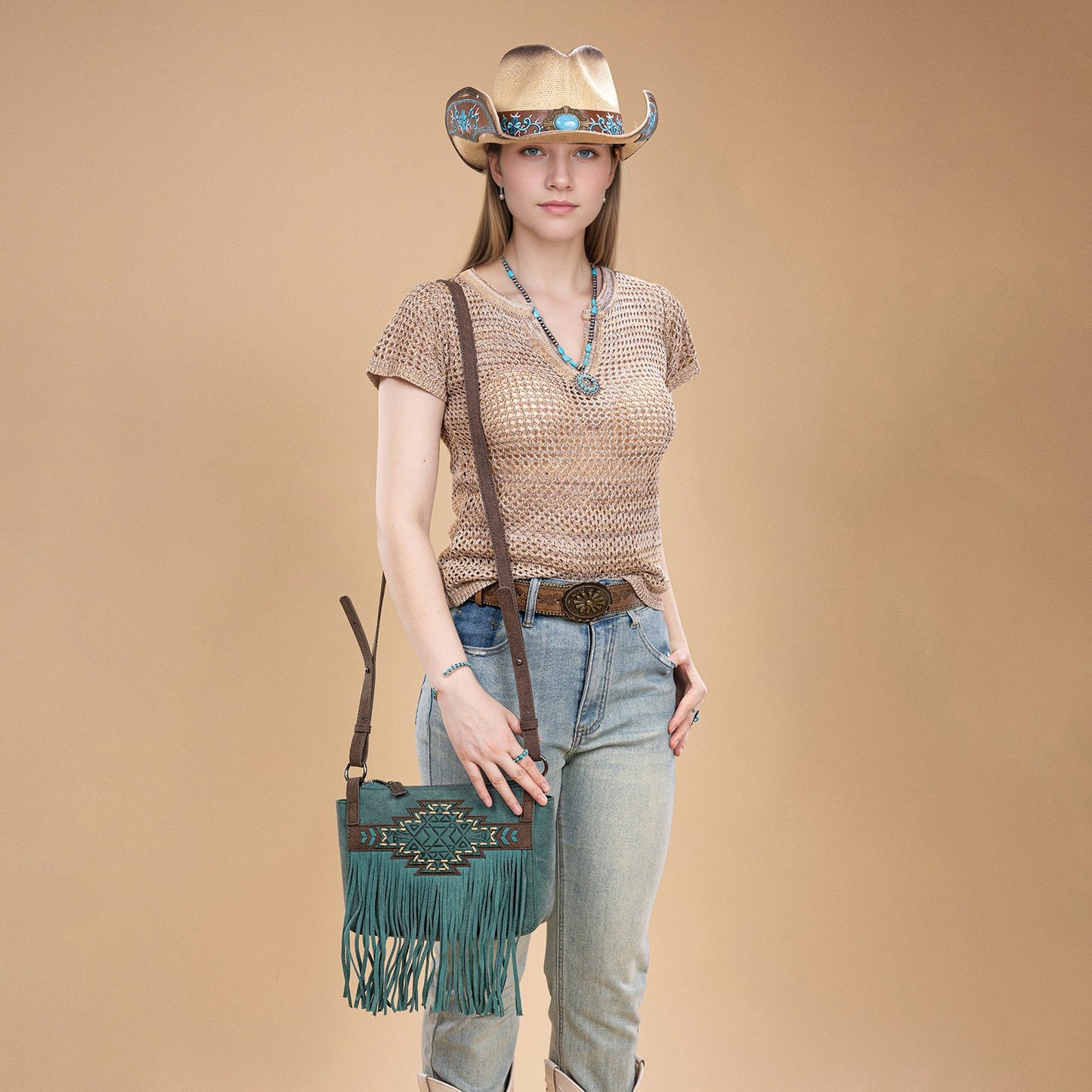 TR196-8287  Trinity Ranch Aztec Tooled Fringe Crossbody