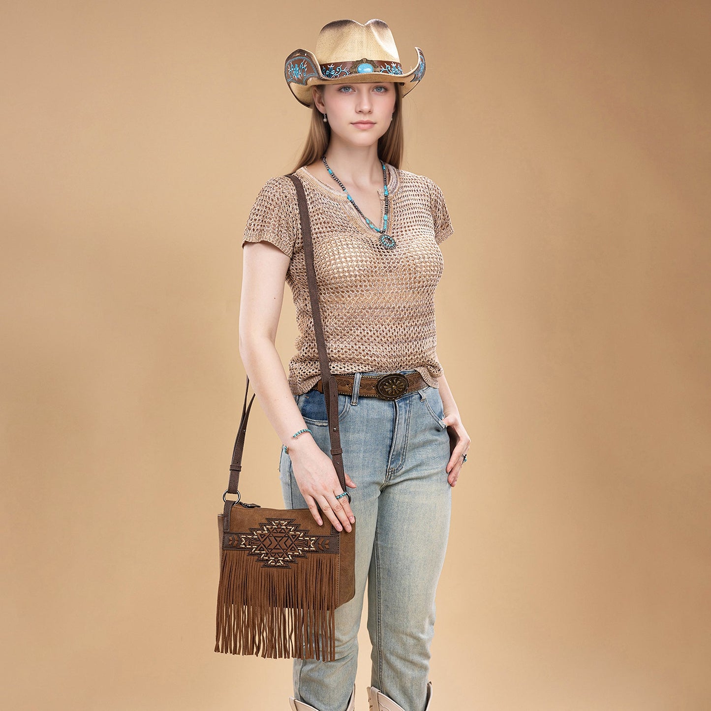 TR196-8287  Trinity Ranch Aztec Tooled Fringe Crossbody