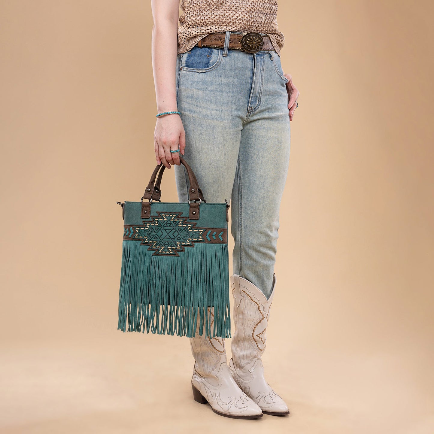 TR196G-8260  Trinity Ranch  Aztec Tooled Fringe Concealed Carry Tote/Crossbody