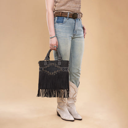 TR196G-8260  Trinity Ranch  Aztec Tooled Fringe Concealed Carry Tote/Crossbody