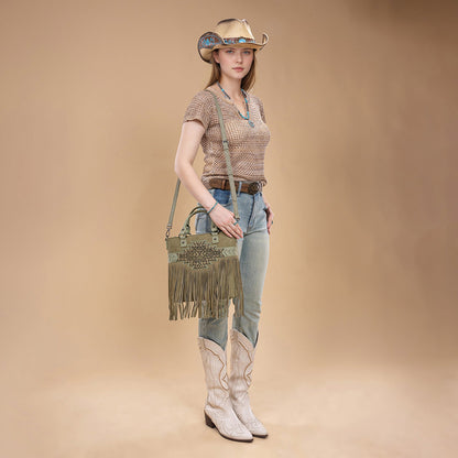 TR196G-8260  Trinity Ranch  Aztec Tooled Fringe Concealed Carry Tote/Crossbody