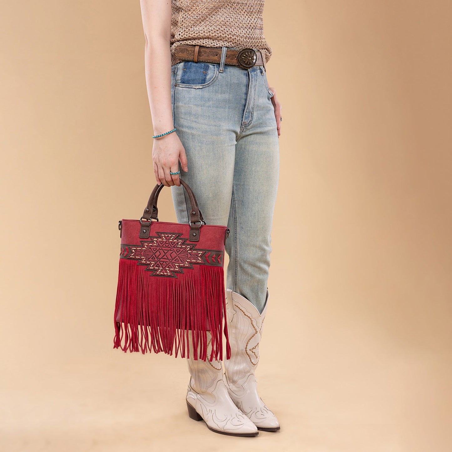 TR196G-8260  Trinity Ranch  Aztec Tooled Fringe Concealed Carry Tote/Crossbody