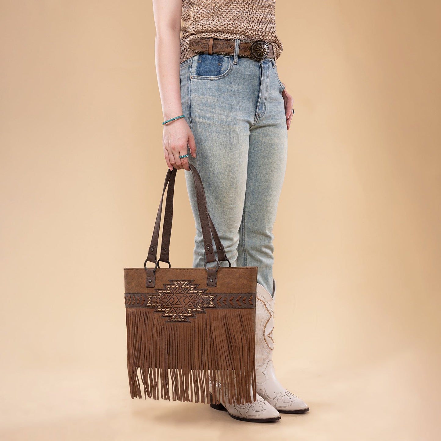 TR196G-8317  Trinity Ranch  Aztec Tooled Fringe Concealed Carry Tote