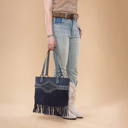 TR196G-8317  Trinity Ranch  Aztec Tooled Fringe Concealed Carry Tote