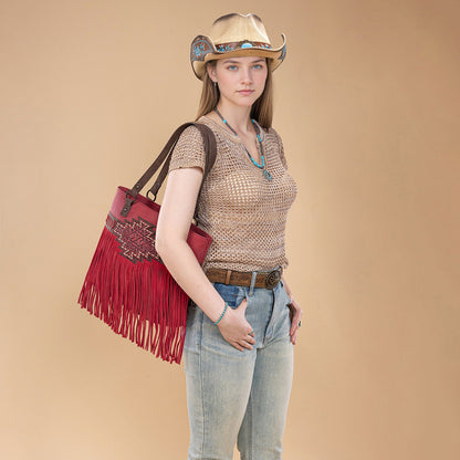TR196G-8317  Trinity Ranch  Aztec Tooled Fringe Concealed Carry Tote